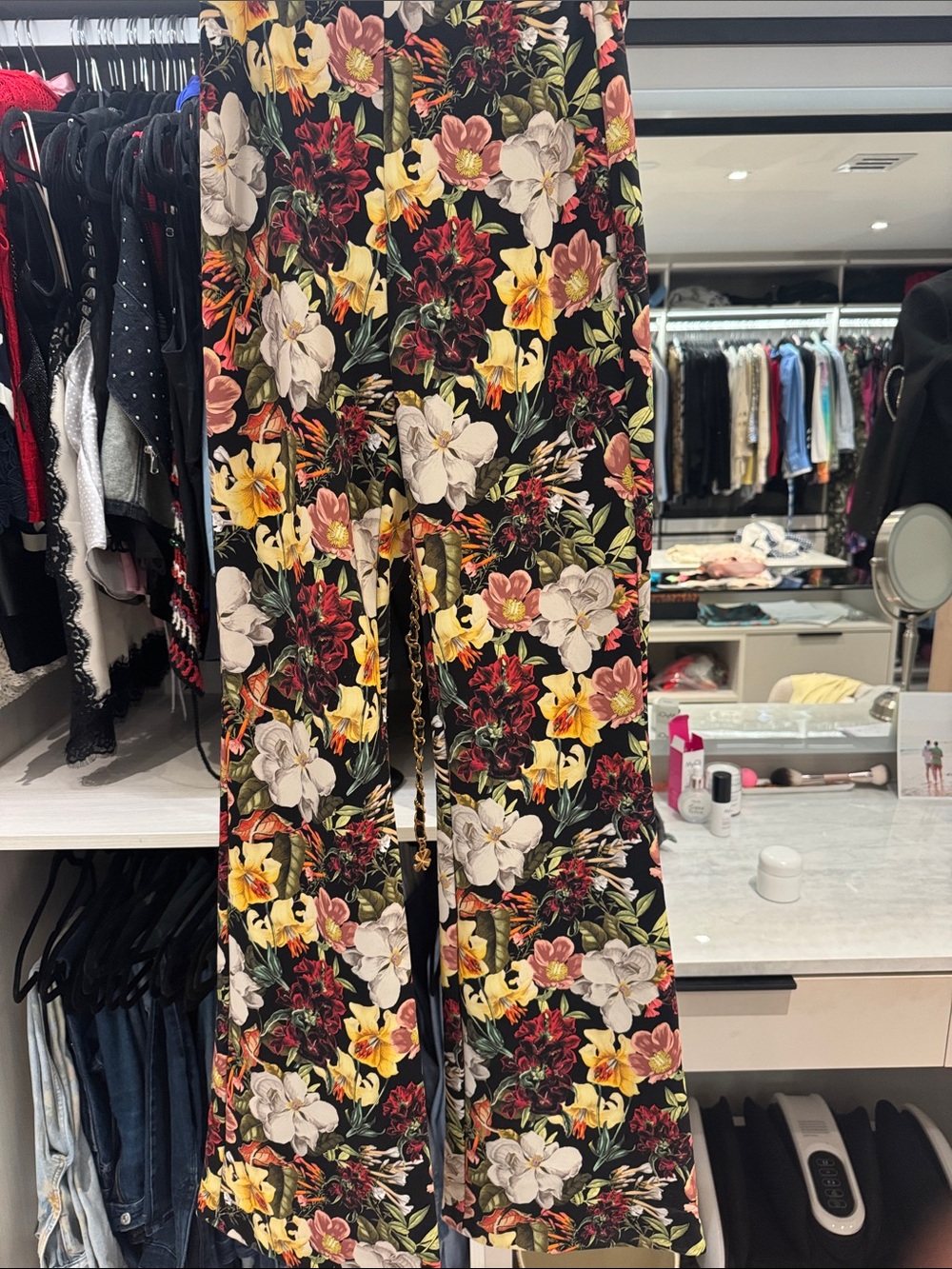Alice + Olivia Black Wide-Leg Floral Pants with Yellow, White & Burgundy Blooms